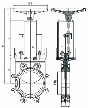 Чертеж Задвижка шиберная СМО двухсторонняя AB-01-HW(N)-E Ду150 Ру8 EPDM чугунная со штурвалом