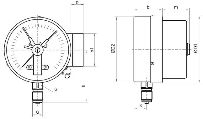 Вакуумметр Росма ТВ-510Р.05 (-0.1-0МПа) М20х1.5 1.5, общетехнический 100мм, тип ТВ-510Р, радиальное присоединение, с электроконтактной приставкой V, резьба М20х1.5, класс точности 1.5