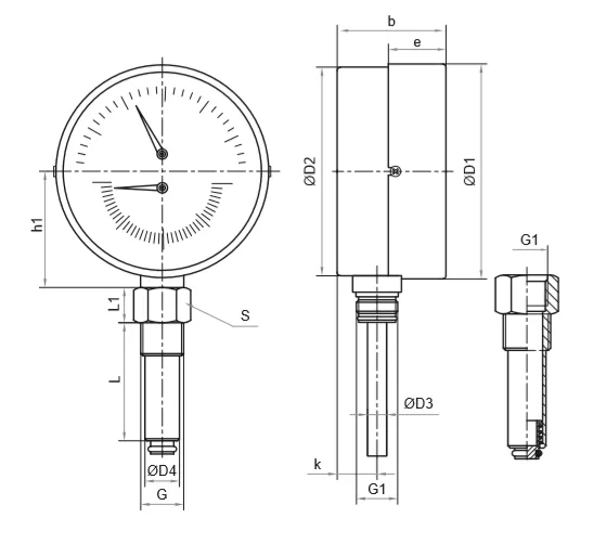 Термоманометр Росма ТМТБ-31Р.3 (0-150°C) (0-0,4MПa) G1/2 2,5, корпус 80мм, тип - ТМТБ-31Р.3, длина клапана 100мм, до 150°С, радиальное присоединение, 0-0,4MПa, резьба G1/2, класс точности 2.5