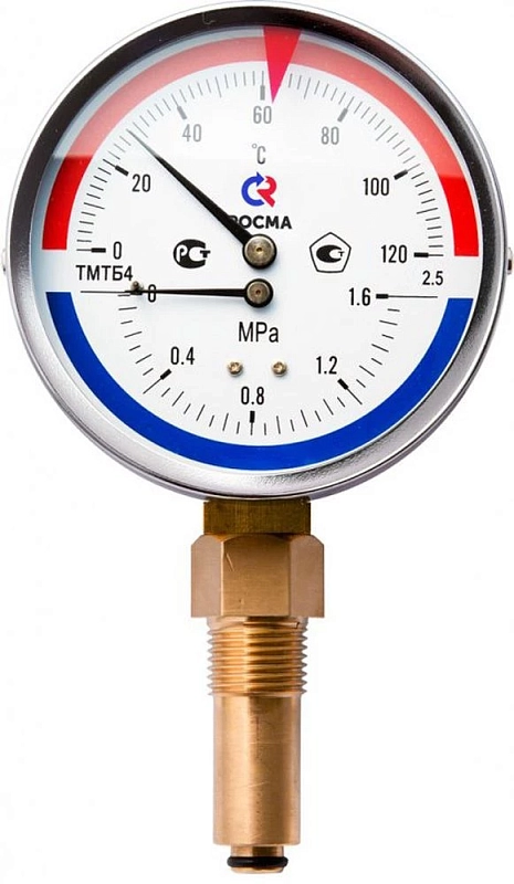 Термоманометр Росма ТМТБ-31Р.3 (0-150°C) (0-0,4MПa) G1/2 2,5, корпус 80мм, тип - ТМТБ-31Р.3, длина клапана 100мм, до 150°С, радиальное присоединение, 0-0,4MПa, резьба G1/2, класс точности 2.5