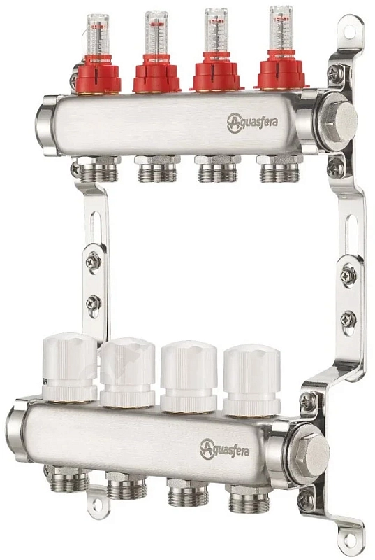 Группа коллекторная Aquasfera 9503 Ду25 Ру6 внутренняя резьба, выходов 3х3/4″ наружная резьба под евроконус с регулирующими клапанами и расходомерами, нержавеющая сталь
