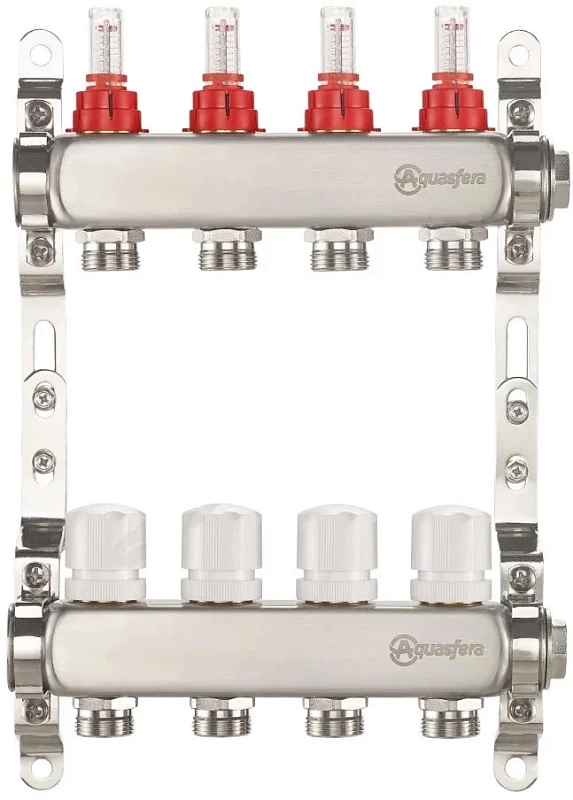 Группа коллекторная Aquasfera 9503 Ду25 Ру6 внутренняя резьба, выходов 3х3/4″ наружная резьба под евроконус с регулирующими клапанами и расходомерами, нержавеющая сталь