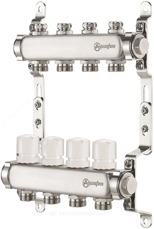 Группа коллекторная Aquasfera 9504 Ду25 Ру10 внутренняя резьба, выходов 10х3/4″ наружная резьба под евроконус с балансировочными и регулирующими клапанами, нержавеющая сталь