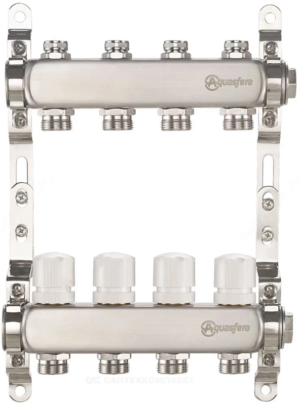 Группа коллекторная Aquasfera 9504 Ду25 Ру10 внутренняя резьба, выходов 10х3/4″ наружная резьба под евроконус с балансировочными и регулирующими клапанами, нержавеющая сталь